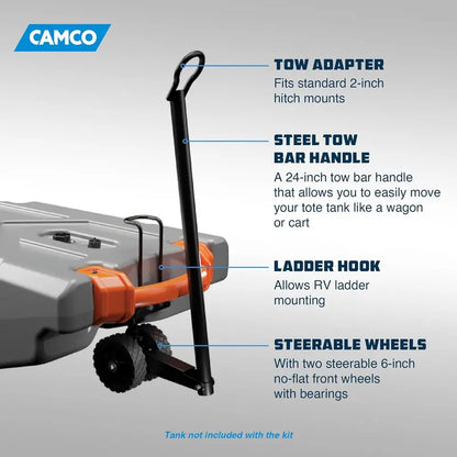 Camco Rhino Steerable Wheel Kit for 28/36-Gallon RV Tote Tanks  No-Flat Wheels & 24″ Tow Bar