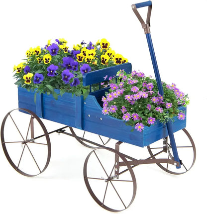 Wooden Wheeled Wagon Planter  Decorative Rolling Garden Planter for Patios and Landscapes