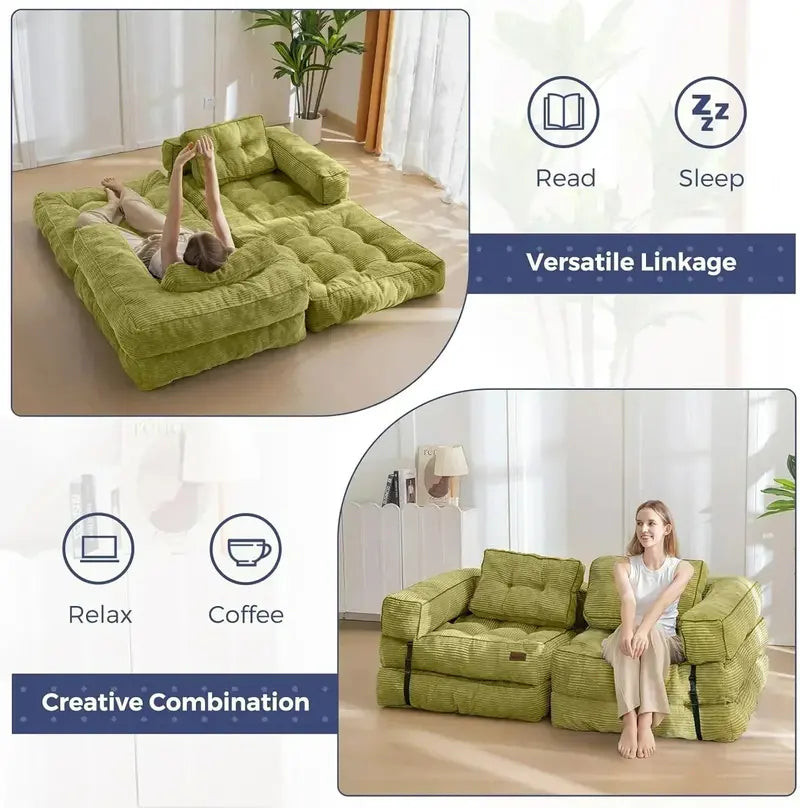 L-Shaped Folding Sofa Bed  Convertible Living Room Lounger with Armrests & Pillows
