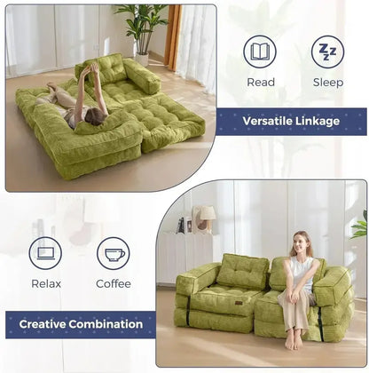 L-Shaped Folding Sofa Bed  Convertible Living Room Lounger with Armrests & Pillows