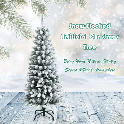 Hinged Snow-Flocked Pencil Christmas Tree  Ultra-Slim Pre-Lit Holiday Tree