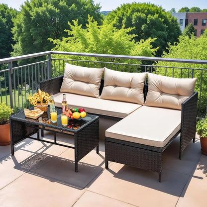 Devoko 3-Piece Beige L-Shaped Rattan Patio Sectional with All-Weather Cushions and Glass Table