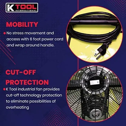 K Tool International 42-Inch Belt-Drive Drum Fan  Industrial 2-Speed with Safety Yellow Housing