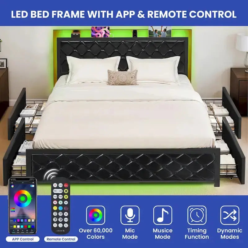Moasis Queen Upholstered Platform Bed Frame  LED-Lit Modern Bed with Solid Support Base