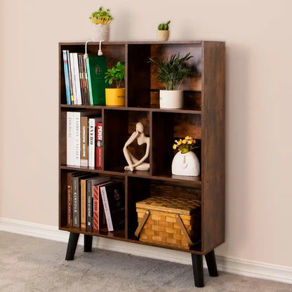 LEYAOYAO Natural Wood 7-Cube Bookshelf  Modern Open-Back Storage Unit with Solid Legs
