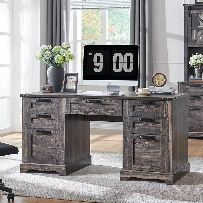60-Inch Farmhouse Executive Desk  Solid Wood Computer Workstation for Home Offices