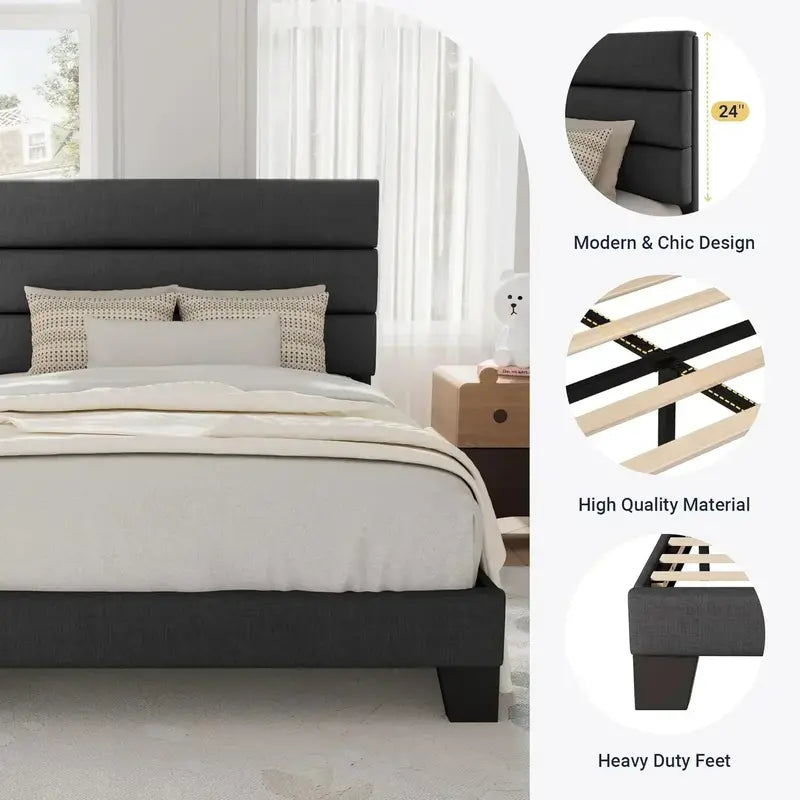 Allewie King Platform Bed Frame  Velvet-Upholstered Headboard with Solid Wood Slats