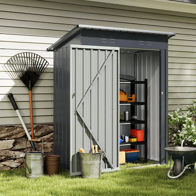 5′ x 3′ Compact Metal Storage Shed — Sloped-Roof Tool House with Ventilation & Lockable Door