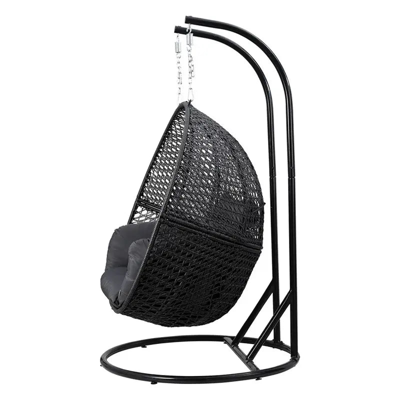 Gardeon Wicker Egg Swing Chair  Two-Person Outdoor Pod with Grey Cushions & Stand