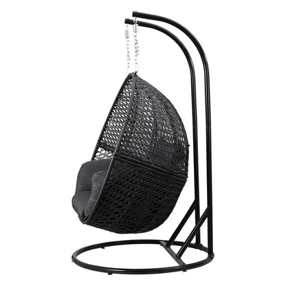Gardeon Wicker Egg Swing Chair  Two-Person Outdoor Pod with Grey Cushions & Stand