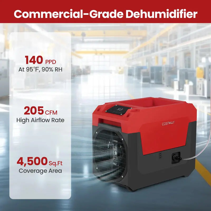 140-Pint Portable Industrial Dehumidifier  Pump-Enabled Unit for High-Moisture Basements