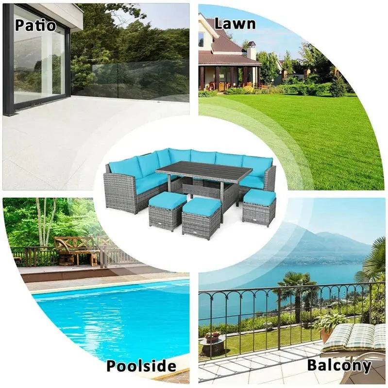 7-Piece Rattan Patio Dining Set  Sectional Sofa, Table, Ottomans & Cushions