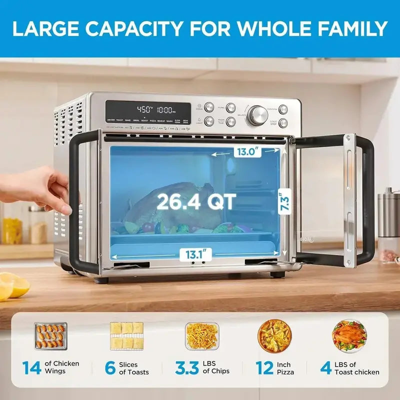 Flexify French Door Toaster Oven Air Fryer — 26.4 QT Extra-Large Countertop Combo with Digital Interface