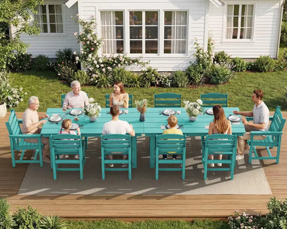 SERWALL 7-Piece Blue HDPE Outdoor Dining Set with Umbrella Hole and Stackable Chairs