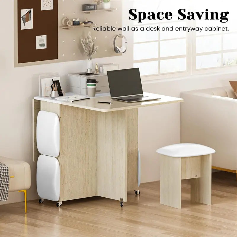 Compact Rolling Dining Set  Foldable Brown-and-Black Table with 4 Leather Chairs and Integrated Storage Rack