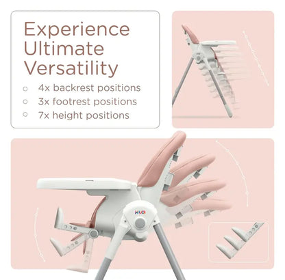 Foldable Baby High Chair, Grey Faux Leather, Adjustable Height & Recline, Removable Tray, Safety Harness, Locking Wheels