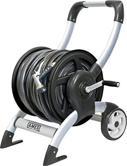Ames Aluminum Hose Reel Cart  Silver, Holds Up to 200 Ft. of Hose, Durable & Mobile Design