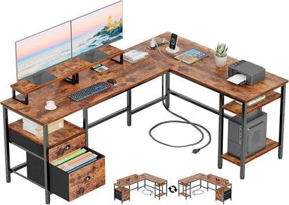 66″ L-Shaped Reversible Gaming Desk  Rustic Brown Home Office Workstation with Power Outlet, File Drawer, Dual Monitor Stands & Storage Shelves