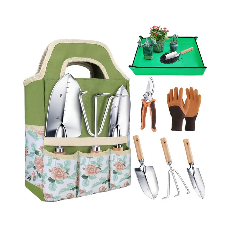 8-Piece Lightweight Aluminum Garden Tool Set with Carry Tote and Protective Gloves