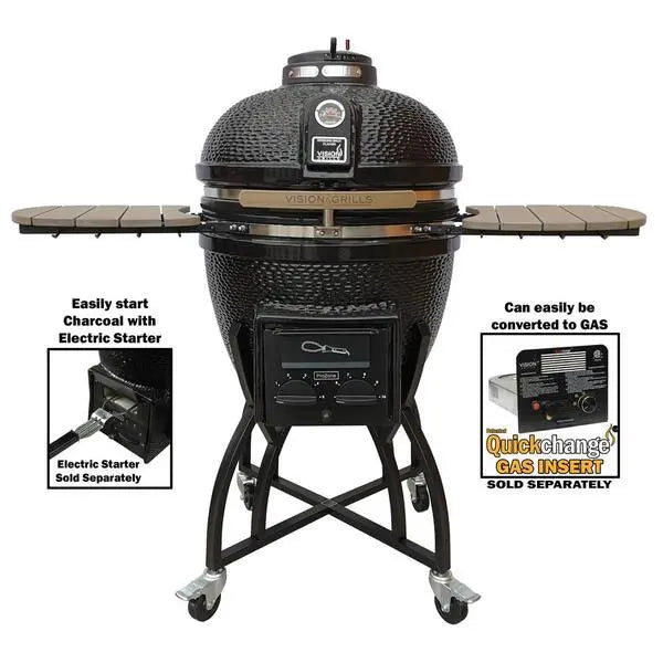 Kamado S-Series 22″ Ceramic Charcoal Grill  Black Kamado with Cart, Side Shelves, Dual Grates, and Ash Drawer