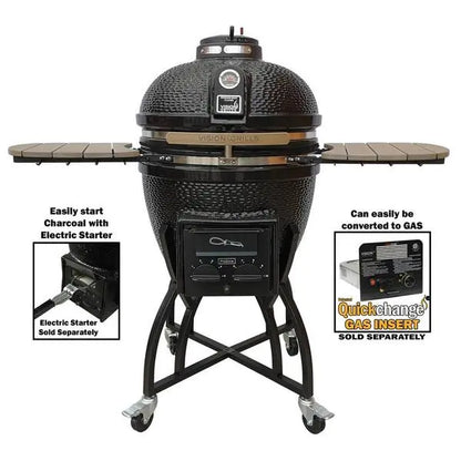 Kamado S-Series 22″ Ceramic Charcoal Grill  Black Kamado with Cart, Side Shelves, Dual Grates, and Ash Drawer