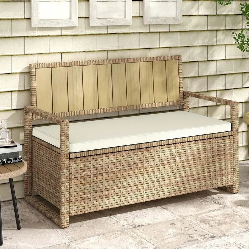 DWVO 70-Gallon Outdoor Storage Bench with Wicker Finish, Cushion & Composite Backrest