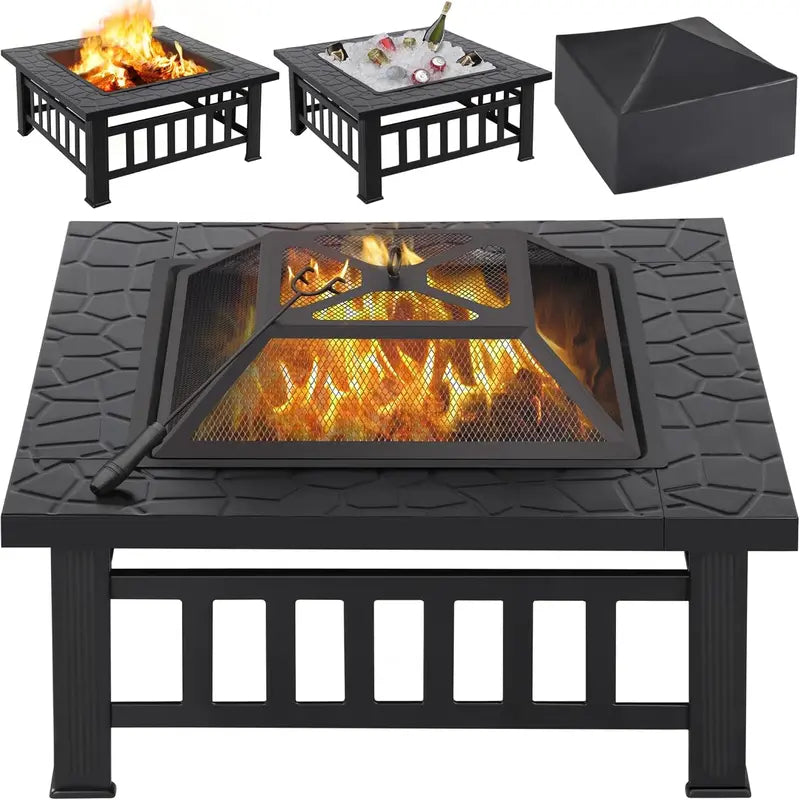 Yaheetech 32-Inch Square Fire Pit Table  Multifunctional Outdoor Heating Unit for Patios, Gardens, Camping & Picnics
