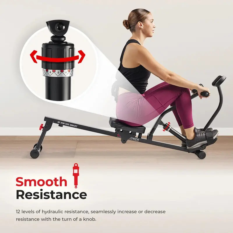 Sunny Health & Fitness SF-RW1205SMART Adjustable Hydraulic Rowing Machine with Bluetooth & Device Holder