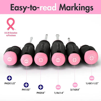 WORKPRO Pink Magnetic Screwdriver Set  6-Piece (3 Slotted + 3 Phillips), Ergonomic Stubby Design, Cr-V Shafts