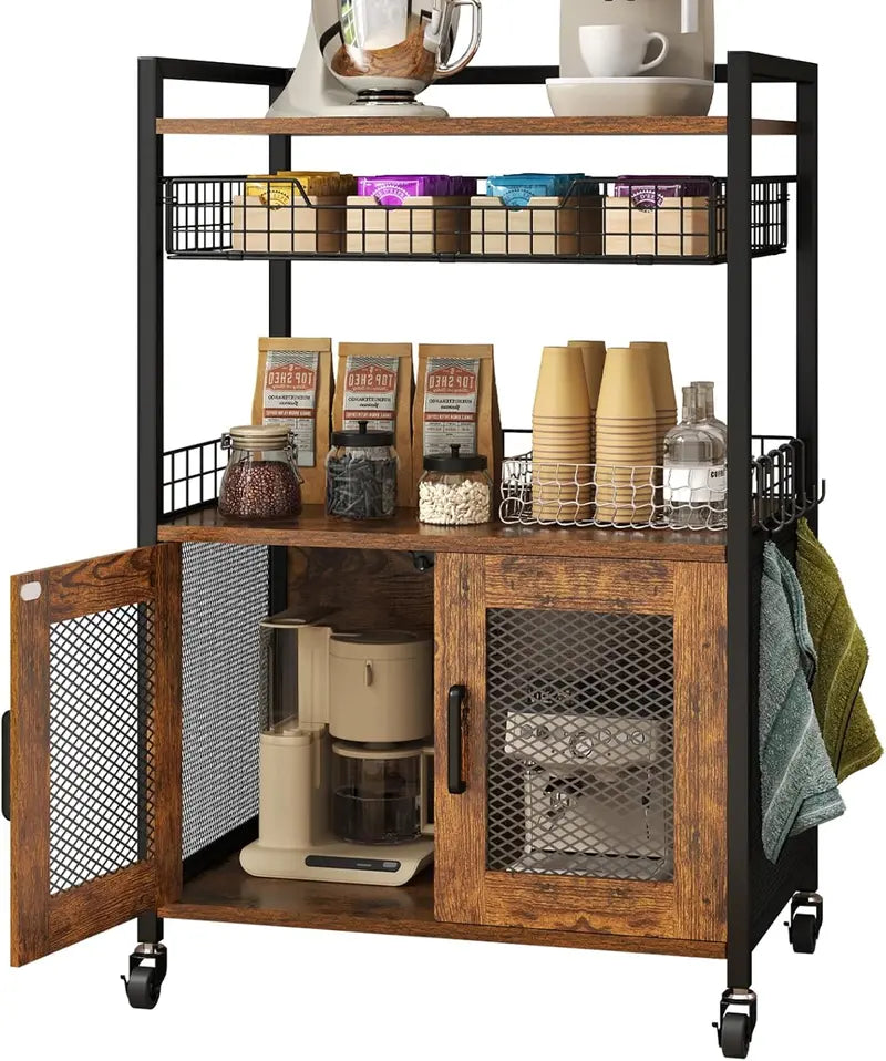 Rustic Brown 3-Tier Mobile Coffee Station — Bar Cart with Wire Basket Drawer, Hooks & Liquor Storage