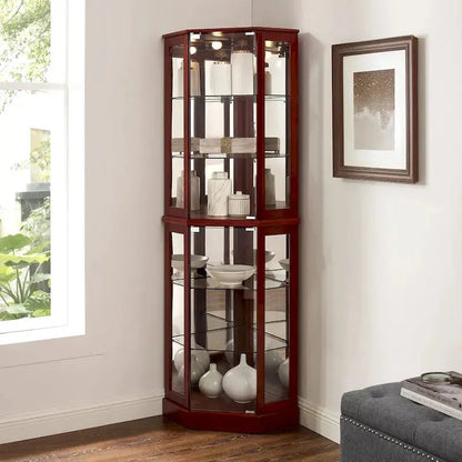 Cherry-Finished Corner Curio Cabinet  6-Tier Display Shelf with Interior Lighting & Adjustable Mirrored Back