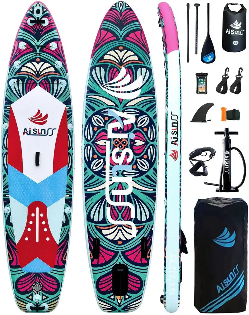 Wide Inflatable SUP Board Bundle  Comes with Carry Bag, Hand Pump, 10L Dry Bag & Height-Adjustable Paddle