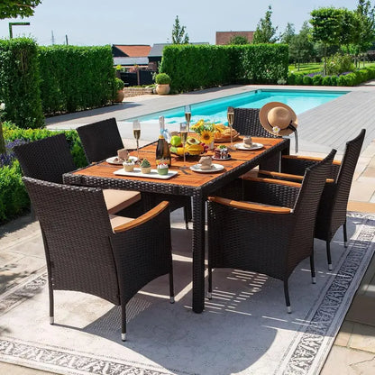 Devoko 7-Piece Acacia Wood & Rattan Patio Dining Set  Outdoor Conversation Furniture with Natural Wood Table Top
