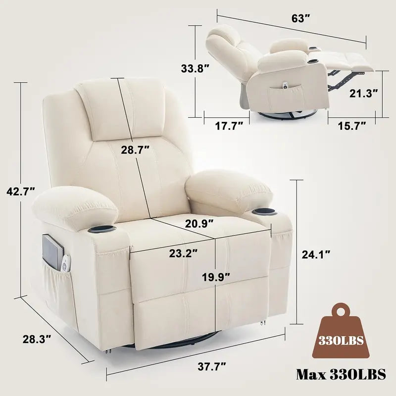Large Swivel Rocking Recliner Sofa  Single-Seat Heated & Massaging Lounge Chair