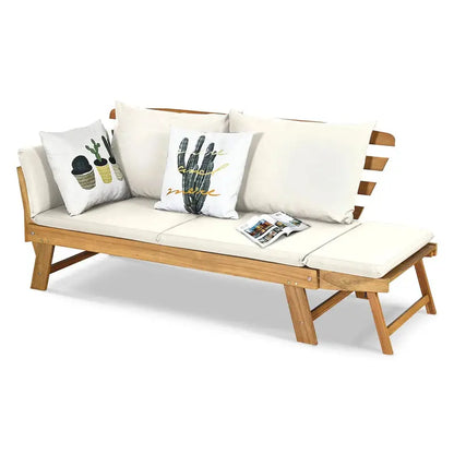 Acacia Wood Outdoor Daybed  Convertible Sofa Bed with Adjustable Armrests & Lounge Function