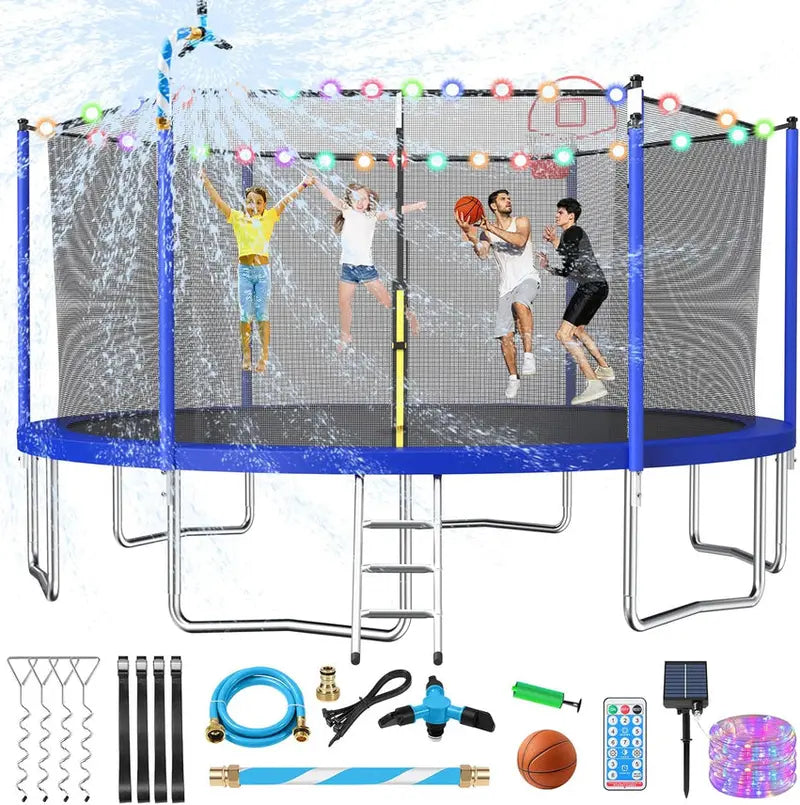 16-Foot Upgraded Trampoline with Enclosure Net and Adjustable Basketball Hoop