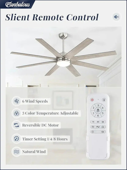 8-Blade 65-Inch Indoor/Outdoor Ceiling Fan  Quiet Operation & Wide-Area Airflow