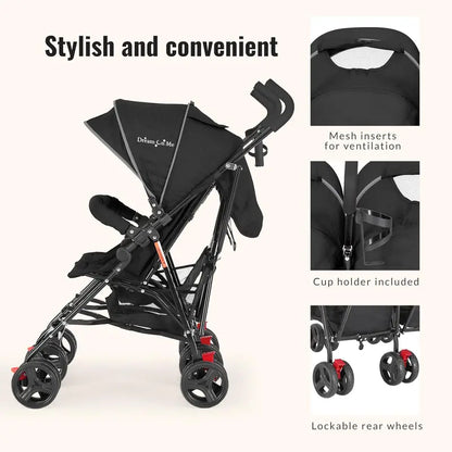 Compact Twin Umbrella Stroller in Black  Lightweight Double Stroller for Infant & Toddler with Large Canopy & Storage Basket