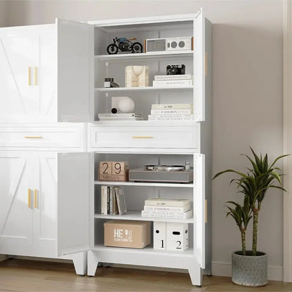 71-Inch Farmhouse-Style Metal Wardrobe Cabinet  White Two-Door Closet with Hanging Rod, Drawers, and Adjustable Shelving