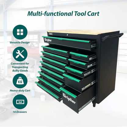 46.8″ Wide 14-Drawer Rolling Tool Chest with Integrated Wood Workbench and Heavy-Duty Brake Casters