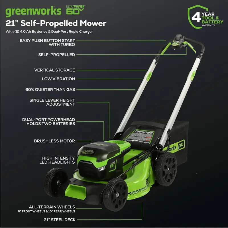 60V 21-Inch Cordless Self-Propelled Lawn Mower Kit with Two 4.0Ah Batteries and Dual-Port Rapid Charger