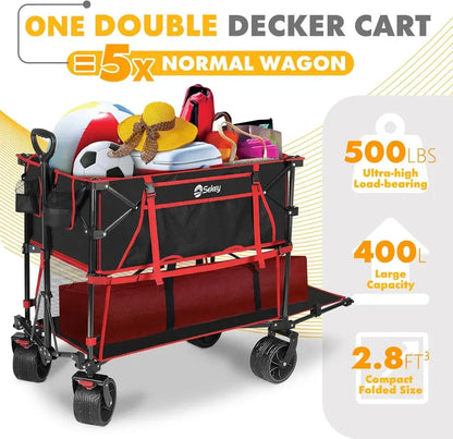 50″ Extended Double-Decker Wagon  Brake-Equipped 500 lb Folding Utility Cart with Extra-Long Frame