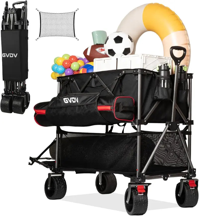 46″ Extended Foldable Double-Decker Cart  500 lb Capacity All-Terrain Utility Wagon with Reinforced Frame