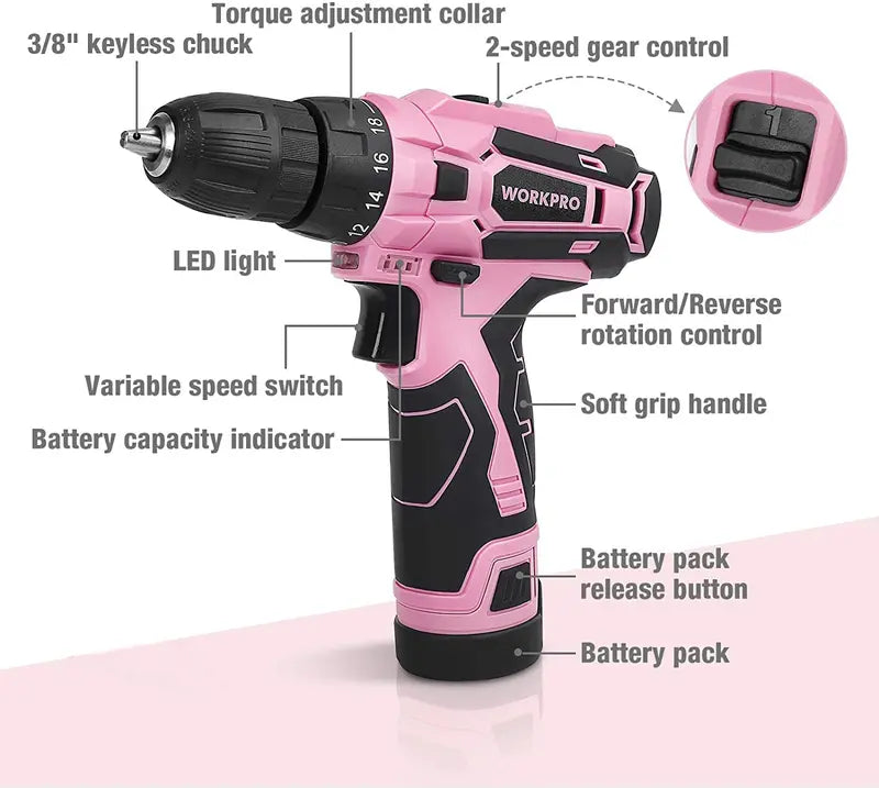 WORKPRO 12V Cordless Drill Kit with 14-Inch Pink Ribbon Tool Bag