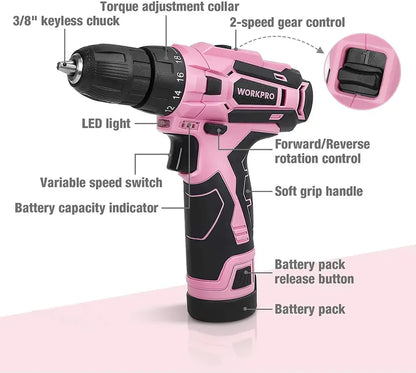 WORKPRO 12V Cordless Drill Kit with 14-Inch Pink Ribbon Tool Bag