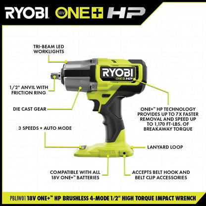RYOBI ONE+ HP 18V Brushless Cordless 4-Mode 1/2 in. High Torque Impact Wrench (Tool Only) PBLIW01B