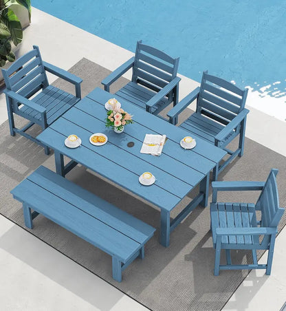 SERWALL 7-Piece Blue HDPE Outdoor Dining Set with Umbrella Hole and Stackable Chairs