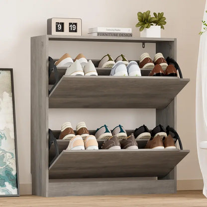 Discreet Freestanding Wood Shoe Cabinet with Three Concealed Flip Drawers