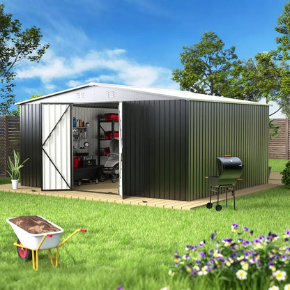 14x12ft Waterproof Steel Storage Shed  Heavy-Duty Utility & Garden Tool Shelter