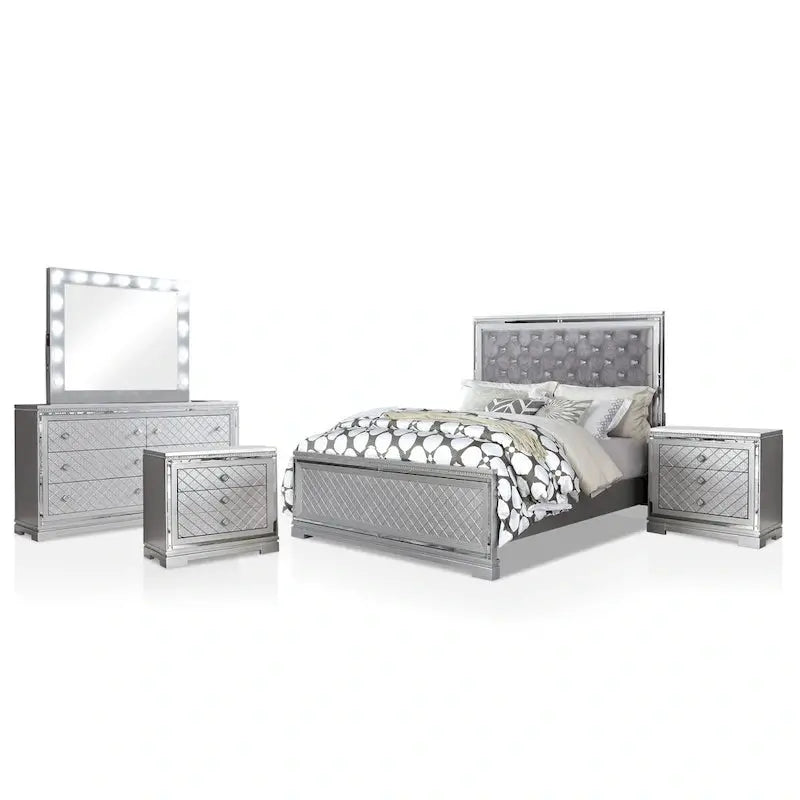 Seleena Glam Tufted Bedroom Set  5-Piece Silver-Wood Panel Collection with USB Charging Ports